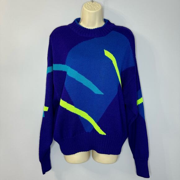 Obermeyer Vintage 80s Sail Sweater Wool Blend Retro Skiing Blue Neon Women's L - Picture 2 of 9